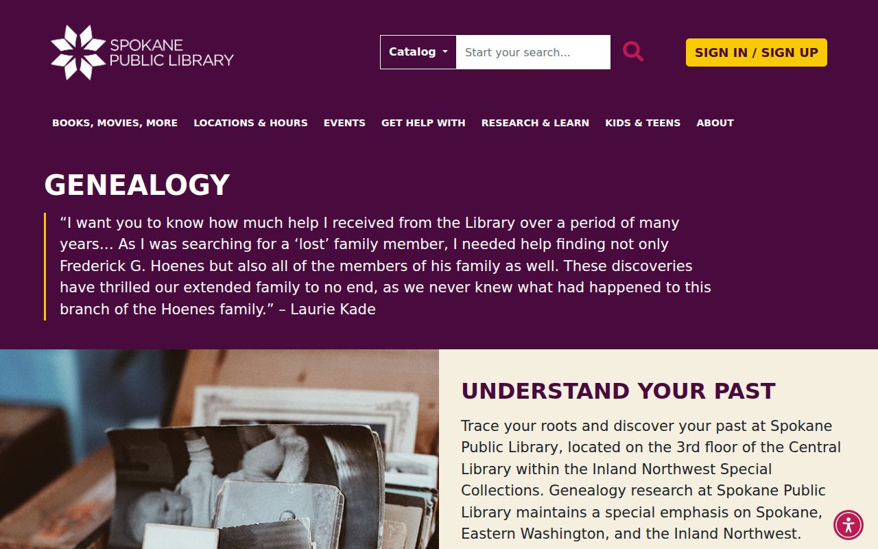 Spokane Public Library genealogy collection page