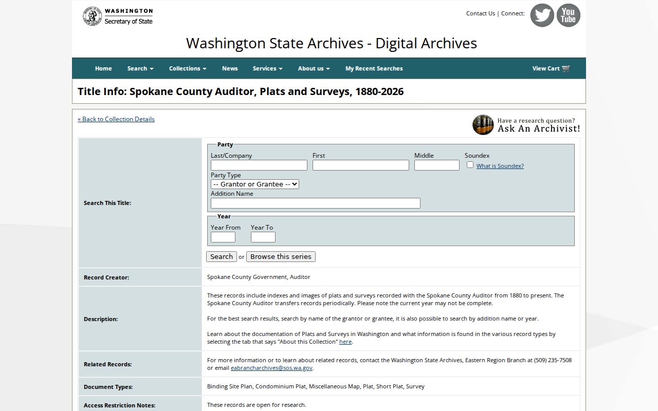 Washington Digital Archives Spokane County plats and surveys search