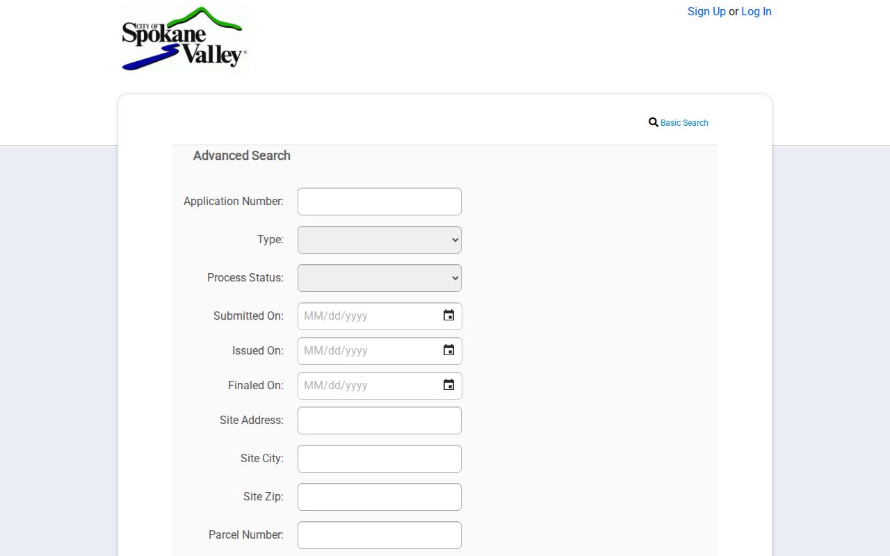 SmartGov advanced Site Zip search for Spokane Valley permits