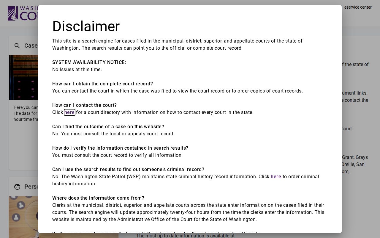 Washington Courts public case search screen